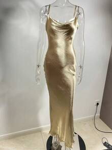 Gold Satin Cowl Neck Maxi Dress, Backless Spaghetti Strap Bodycon Evening Gown Elegant Formal Party Dress For Women - 金色 - 查看 4