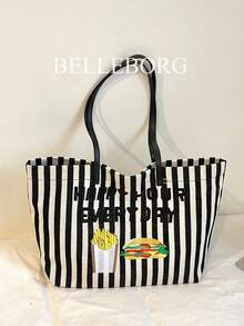 Striped Contrast Color Large Capacity Fashion Commuter Foldable Lightweight Canvas Versatile Women Shoulder Tote Bag - Black - View 1