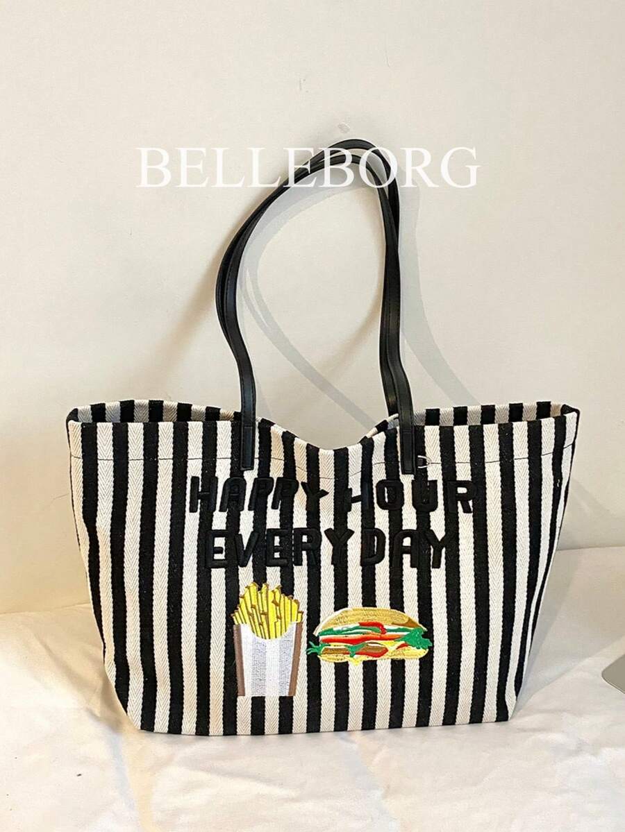 Striped Contrast Color Large Capacity Fashion Commuter Foldable Lightweight Canvas Versatile Women Shoulder Tote Bag - Black - View 1