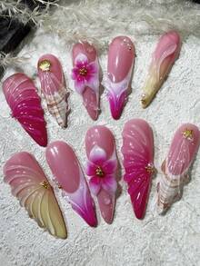 Handmade Solid Pink 3D Nail Art, French Manicure 3D Floral Shell Nail Decor, Summer Almond Shape False Nails For Women - Hot Pink - View 4