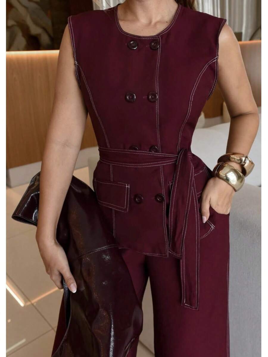 Women's Sensorial Marrante Set – Wide-Leg Pants With Elastic At The Back + Blouse/Vest With Buttons - Gỗ đỏ - Xem 1