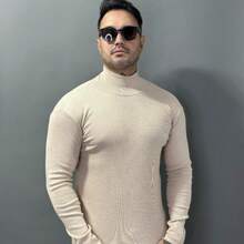 Men's Turtleneck Ribbed Slim Fit Premium Shirt - Beige - View 1
