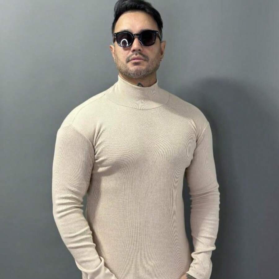 Men's Turtleneck Ribbed Slim Fit Premium Shirt - Beige - View 1