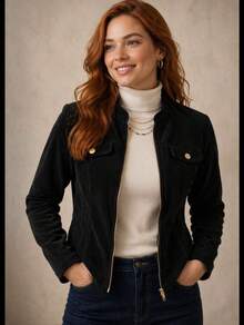 Women's Corduroy Jacket With Zipper, Casual Style, Elegant, Winter Fashion, Fluffy Velvet Zipper, Night, Vacation, School, Office, Daily. - 黑色 - 查看 4