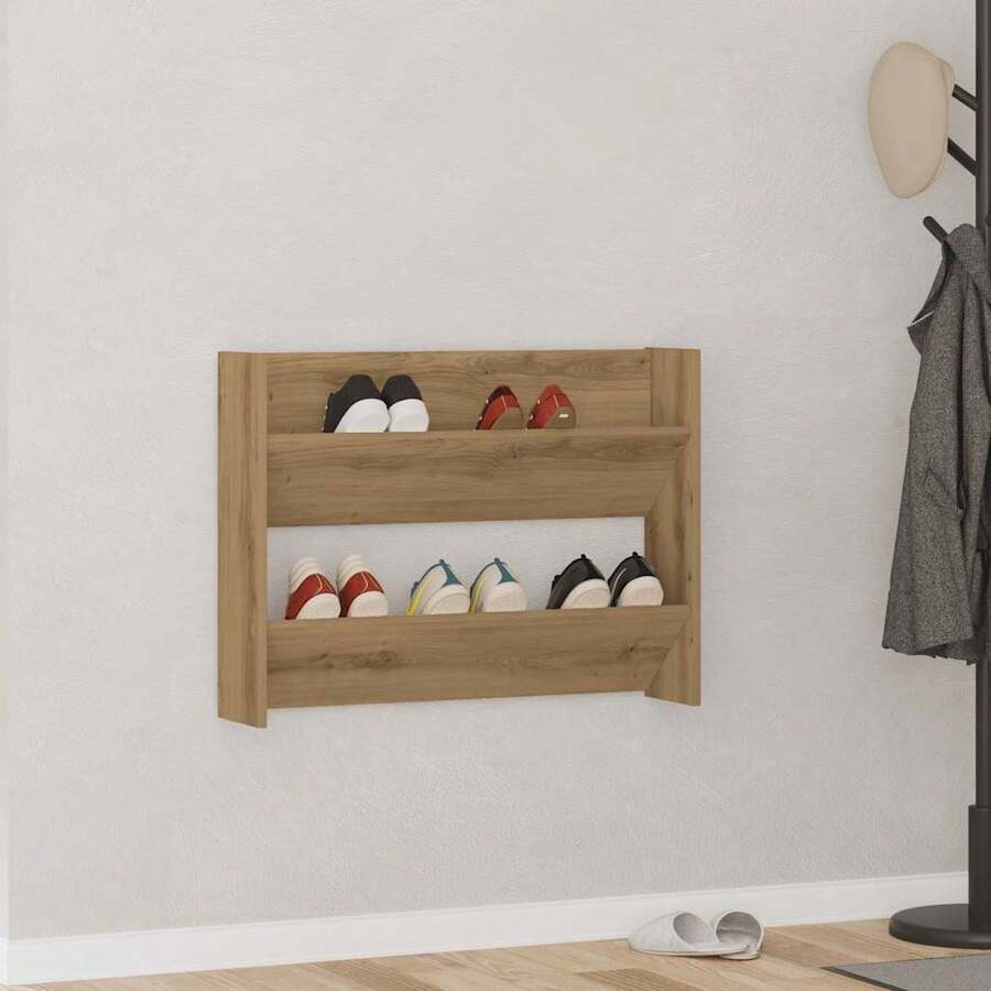 vidaXL Armoire à chaussures murale chêne artisanal bois d'ingénierie - Tabac - Voir 1