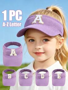 1pc A-Z Letter Embroidered Breathable Mesh Top Sun Hat, Toddler Girls Summer Beach Outdoor Sports UV Protection Cap - Purple - View 1