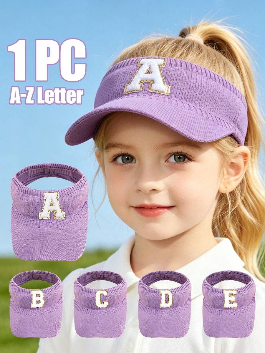1pc A-Z Letter Embroidered Breathable Mesh Top Sun Hat, Toddler Girls Summer Beach Outdoor Sports UV Protection Cap - Purple - View 1