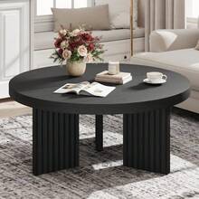 Farmhouse Small Wooden Coffee Table With 3 Strong Legs,Round Coffee Table, - Black - View 7