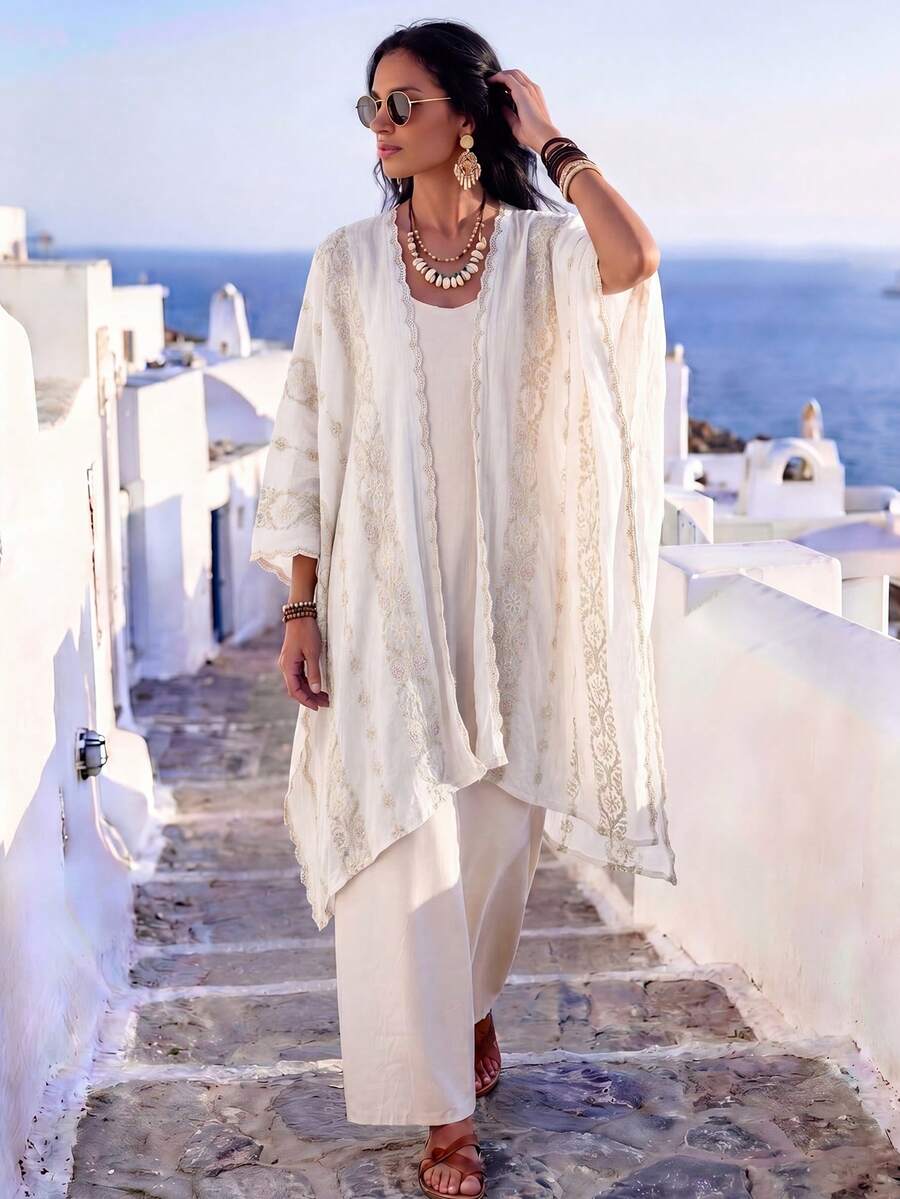 1pc Elegant Floral Pattern Bohemian Embroidered Kimono/Sarong Shawl, Women's Spring/Summer Beach Cover-Up, Lightweight Versatile Luxury Accessory, Ideal For Daily Wear And Gift - White - View 1