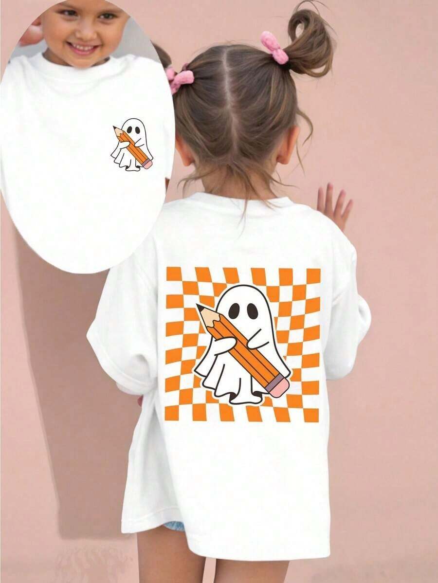Modern Minimalist T-Shirt For Young Girl, Casual, Elegant, Comfortable, Simple, Fashionable, With Floral, Letter And Star Print, Short Sleeve, For Spring, Summer, School, Campus, Summer Vacation At University. - 白色 - 查看 1