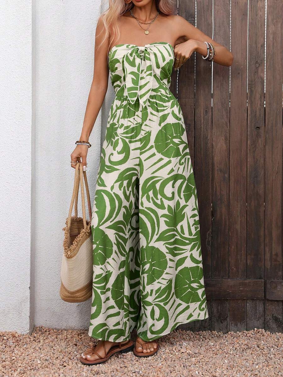 Bộ áo liền quần quây ngực in họa tiết toàn thân phong cách thường ngày dành cho nữ. - màu xanh lá - Xem 1