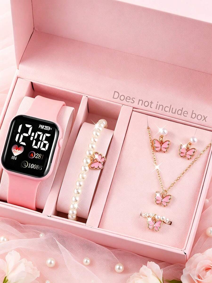 6pcs/Set Jam Tangan Elektronik Digital Berbentuk Hati, Set Perhiasan Manik-Manik Lucu untuk Wanita & Pelajar