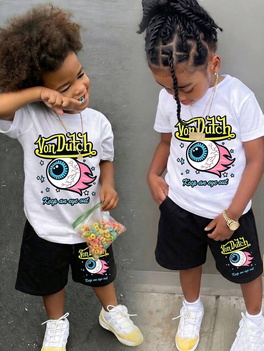 Kids 2-Piece Retro Oval Logo Print T-Shirt & Shorts Set, Vintage Streetwear Casual Summer Outfit - 白色 - 查看 1