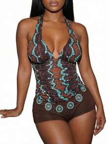 Áo croptop hở lưng quây gợi cảm kiểu cổ điển, khoét rỗng và in họa tiết, phong cách thường ngày mùa hè. - Nhiều màu - Xem 1