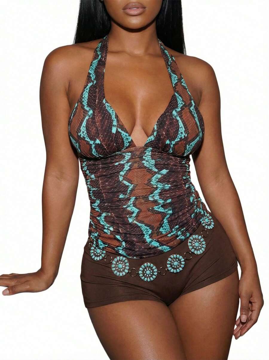Áo croptop hở lưng quây gợi cảm kiểu cổ điển, khoét rỗng và in họa tiết, phong cách thường ngày mùa hè. - Nhiều màu - Xem 1