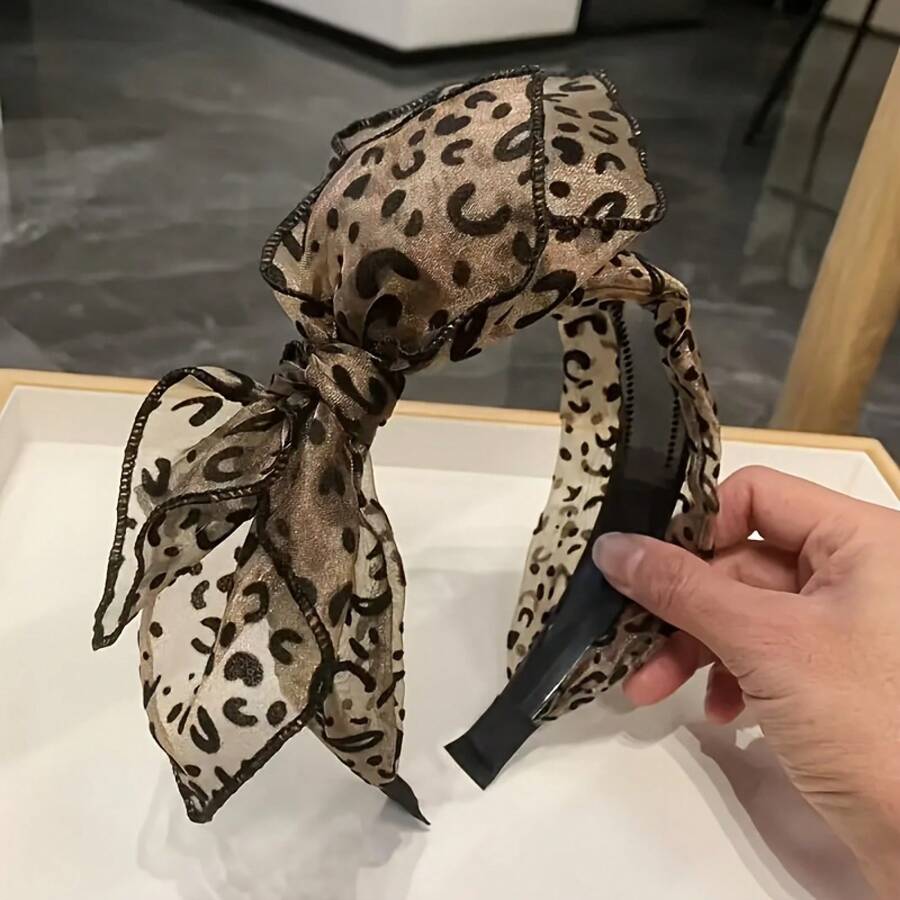 1 Piece Of Black/Brown/Grey Toothed Anti-Slip French Leopard Print Bow Headband, Vintage Wide-Brimmed Mesh Bow Hair Accessory, Suitable For Daily Use, Suitable For Everyday Wear And As A Makeup Accessory, Best Suited For Christmas - 咖啡 - 查看 1