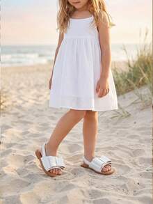 1 par de sandálias brancas da moda para meninas, com adorável decoração de laço duplo. Calçados infantis macios, confortáveis e fáceis de calçar e descalçar, ideais para uso diário na escola, em casa, ao ar livre, em festas, casamentos e férias. - Branco - Ver 6