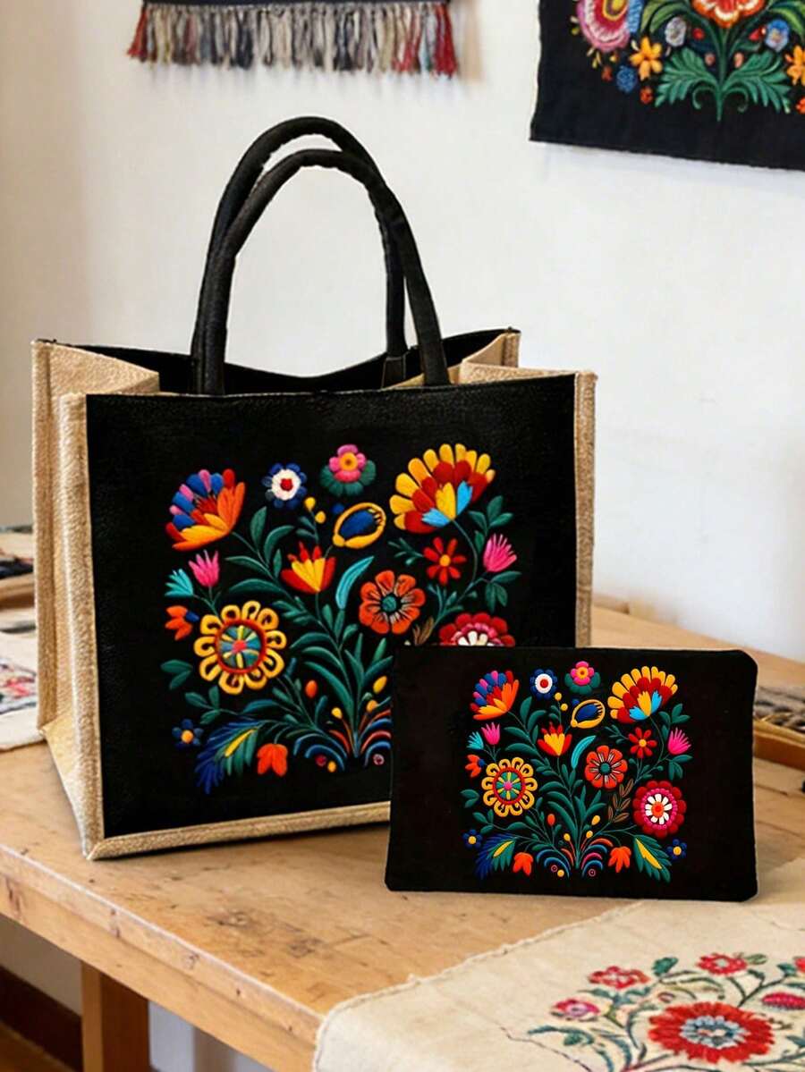 Bohemian Retro Floral Handbag Set, Women's Handbag And Wallet Set, Minimalist Decoration, Mexican Style Print Including Handbag And Coin Purse, Eastern European Art Style Large Capacity Women's Bag, Makeup Storage Bag, Simple Large Capacity Handbag, Portable Leisure Shopping Bag, Multifunctional Shopping Bag. School Campus And Travel Vacation Back To School Gift Small Gift Exchange, Nurses' Day, Teachers' Day, Graduation Season Gifts - Multicolor - View 1