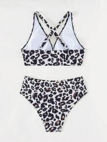 Conjunto de Bikini Sexy Estampado de Leopardo Cuello en V Talla Grande para Mujer 2 Piezas Traje de Baño Vacaciones Playa Verano - Multicolor - Ver 2