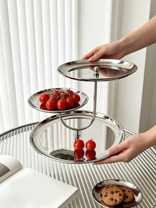 1pc Luxury Ins-Style Stainless Steel Mirrored Fruit Plate, Niche Creative Dessert Stand, Nordic Style Stainless Steel Fruit Rack, Elegant Cake & Snack Stand, Exquisite Afternoon Tea Dessert & Snack Rack, Luxury Multi-Layer Fruit Plate Storage Tray, Living Room Coffee Table Decor, Suitable For Cafe, Restaurant, Living Room, Dessert Shop, Wedding, Party