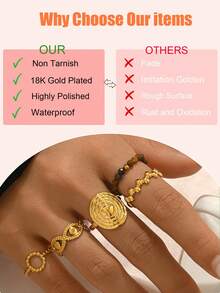Set de 3/5 anillos geométricos de línea de acero inoxidable, anillos ajustables huecos con piedra natural chapada en oro de 18K - Colocar - Ver 5
