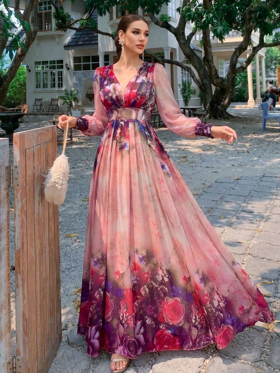 Elegant Women's Sweetheart Neck Long Sleeve Ruffle Print A-Line Dress, Woven Fabric, Suitable For Summer, Vacation, And Multiple Occasions Spring - Multicolor - View 1