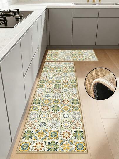 1pc Soft Rubber Linen Kitchen Mat, 3.5mm Thick Kitchen Rug, French Vintage, Bohemian, American Country Style, Muted Morandi Color Palette, Symmetrical Floral Geometric Pattern, Absorbent Kitchen Floor Carpet