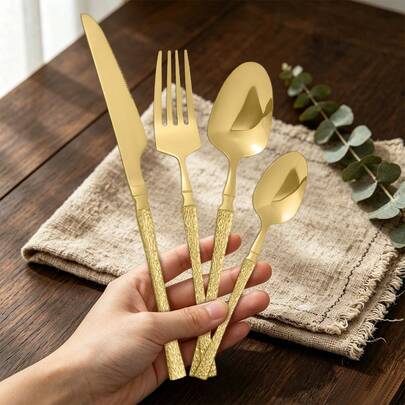 1/4/16/24/32pcs Waist-Shaped Flatware Set, Creative Hammered Design Handles, High-Quality Stainless Steel, Includes Forks, Knives, Spoons, Dishwasher , Suitable For Cooking, Buffet, Restaurant, Party, Baking, Wedding, Anniversary, Birthday, Holiday Gift, Tabletop Decor