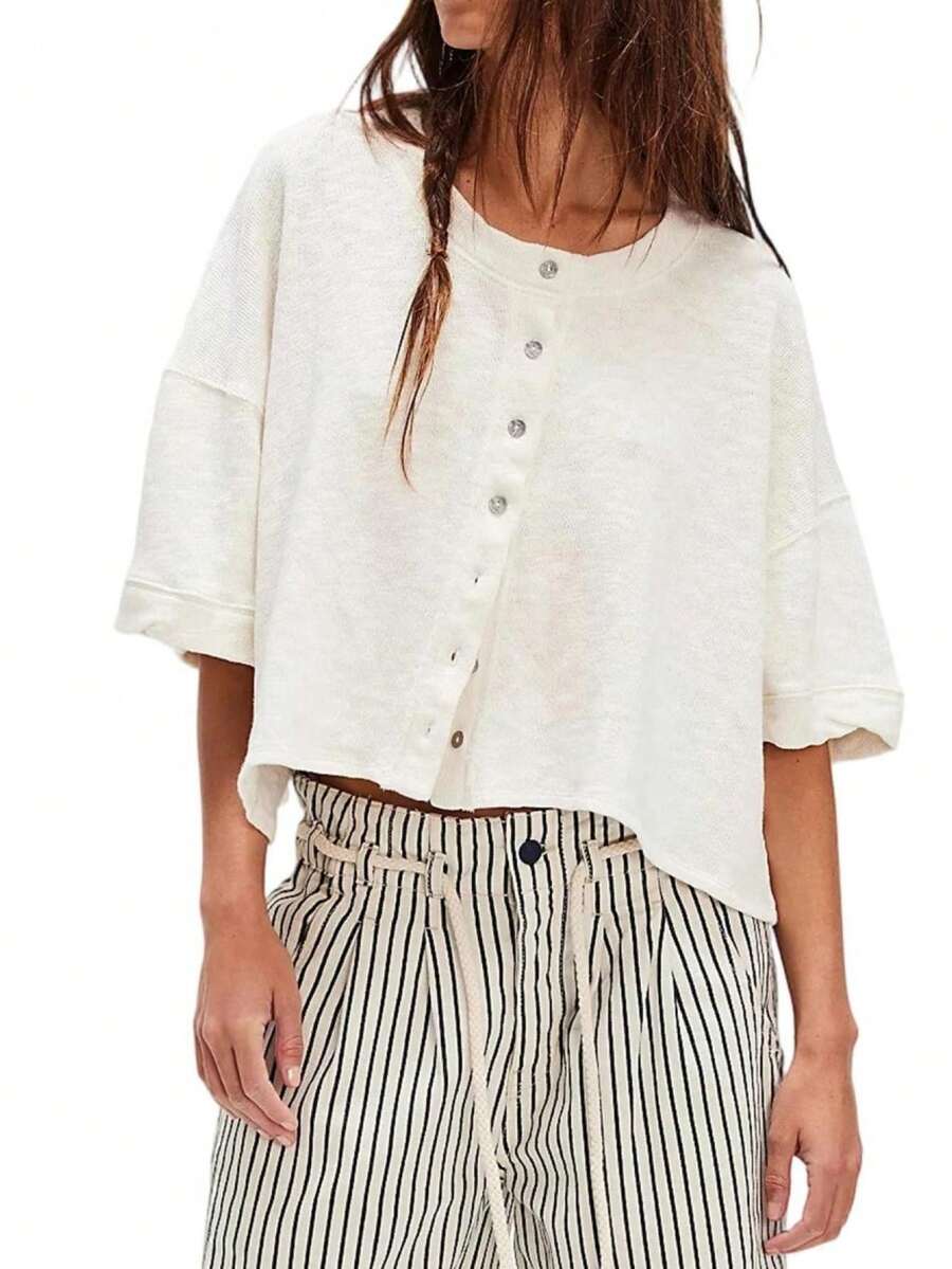 Women Half Sleeve Cropped Cardigan Shirt Short Sleeve Button Down Open Front Crewneck Loose Fit Knit T Shirt Y2k Casual Crop Tops Summer Fall Lightweight Jacket Outwear - Blanco - Ver 1