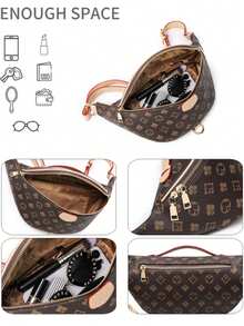 Vintage Monogram Print Fanny Pack For Women, Retro Poker Suit & Diamond Pattern Waist Bag, PU Leather Adjustable Strap Crossbody Sling Bag. - Coffee Brown - View 8