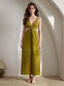 Ocili Vestido casual decorativo de jersey suave y amigable con la piel, de estilo minimalista y relajado, para mujeres en temporada de vacaciones - Verde Oliva - Ver 5