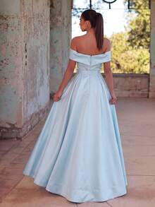 Faeriesty Women's Elegant Fitted Off-Shoulder Satin Maxi Dress - Detachable Rhinestone Belt And Slit Hem | Suitable For Formal Galas, Weddings And Special Occasions - Baby Blue - View 2