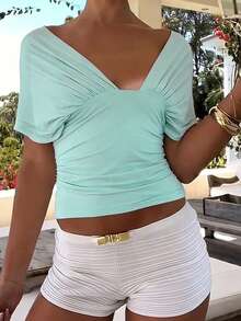 Women's Summer Solid Crop Tops Deep V-Neck Sleeveless Slim Fit Vest For Party Beach - Mint Green - View 4