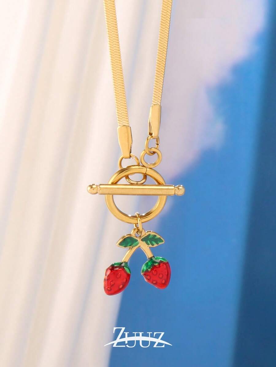 1pc Fashion Stainless Steel Drip Oil Red Strawberry Charm Necklace For Women Chain Necklaces For Daily Decoration Jewelry Gifts - necklace - View 1