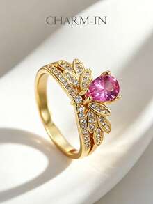 Charm-In Bague ouverte rose vintage en CZ, bague en CZ en forme de larme plaquée or 18 carats, bijou avec diamants pavés ornés, pour un port quotidien chic pour femmes - Doré - Voir 1
