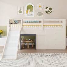 Low Bunk Bed 90 X 200 Cm With Slide, Three Drawers And Two Doors, Cream Color. - 白色 - 查看 12