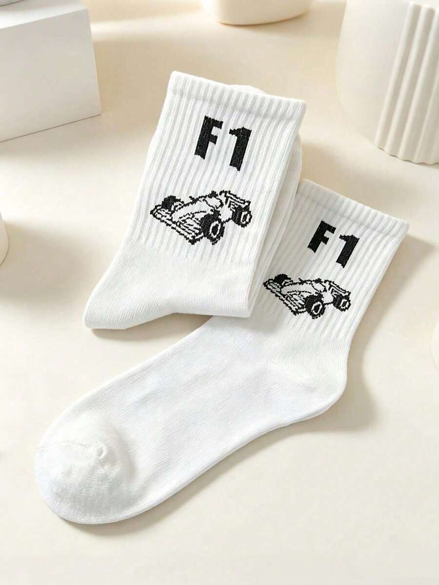 1 đôi tất nam cao đến bắp chân họa tiết xe đua thời trang, kiểu dáng tối giản, thoáng khí, đa năng, phù hợp cho mặc hàng ngày, mọi mùa. - trắng - Xem 1