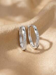 925 Sterling Silver Twisted Hoop Earrings With Zirconia Stones, 4 Color Options: Gold/Silver, Purple/Clear, Pink Zirconia, Hypoallergenic Minimalist Style Jewelry For Women, Gift Box Included - White Gold - View 5