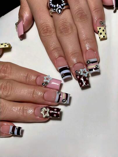 24pcs Square False Nails With Light Yellow And Pink Striped French Tips, 3D Silver Bow In Millennial Hot Girl Style, Includes One Piece Of Jelly Glue And One Nail File, Suitable For Girls For Dating, Parties, Gatherings, Travel, And Fashion Dressing, Press-On False Nails