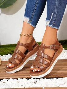 Women's Summer New Vintage Wood Grain Open Toe Roman Sandals, Lightweight Comfortable Wedge Thick Bottom Hollow Out Fashion Sandals - Brown - View 5