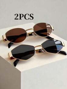 两副装女士金属框椭圆形时尚眼镜，男女通用金属框时尚眼镜，INS复古街头风眼镜，配有旅行沙滩配件，适合日常佩戴和夏季海滩度假等户外活动。 - 2pcs橢圓金茶+菱形金灰 - 查看 13
