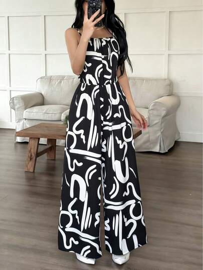 Mono elegante de tirantes finos con estampado abstracto en blanco y negro y pernera ancha para mujer, estilo bohemio