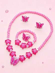 5pcs/Set Glitter Floral Beaded Jewelry Set Necklace Bracelet Ring Ear Clips Sweet Girl Dress Up Party Accessories Gift - one-size - View 5