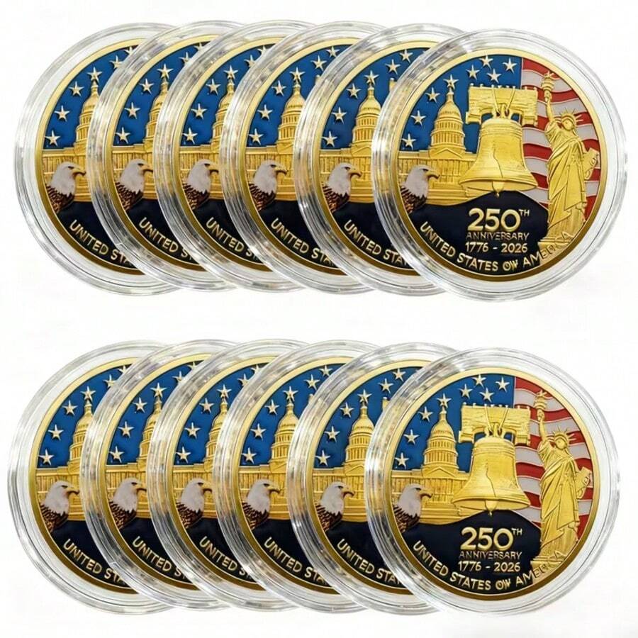 1pc 2026 United States Independence Day 250th Anniversary Commemorative Medal, 1776-2026 Reissue Coin, With Plastic Box And Eagle Challenge Coin Badge, Gold-Tone Metal Coin - View 1