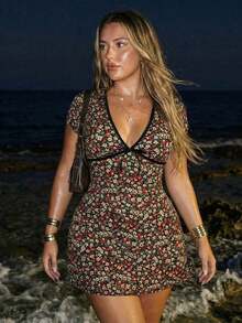 ICON Vestido de línea A con cuello en V profundo, manga corta, cintura con lazo y estampado floral diminuto, adecuado para volver al colegio, uso casual, vacaciones, verano, talla grande estilo retro Y2K - Multicolor - Ver 12