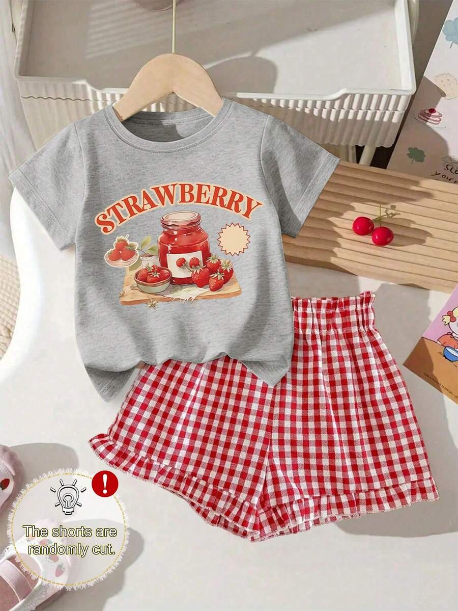 2pcs/Set Girls Cute Top And Shorts Set, Sweet Strawberry Print Shorts Set, Soft T-Shirt And Red Plaid Shorts (Random Cut) Set, Suitable For Spring And Summer Daily Wear - Grey - View 1