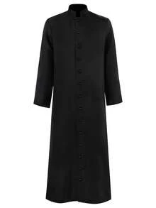 Rochie lungă neagră, cămașă lungă vintage cu guler drept și nasturi pe un singur rând, rochie largă, respirabilă, pentru purtare zilnică, ținută de vacanță în stil arab, din Orientul Mijlociu, minimalistă și avantajoasă, costum pentru festival și spectacole, ținută pentru scenă, rochie lungă casual - Negru - Vizualizare 8