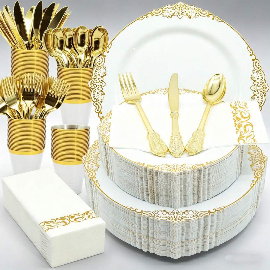 175Pcs Gold Plastic Plates For Party, Disposable Plates Set, 25 Of Each 9" Dinner Plates, 7" Cute Dessert Plates, 9oz Cups & Spoons Forks Knives Napkins Cutlery For Weddings Birthday Baby Bridal Shower, Catering Events - Dinnerware Set Exquisite For 25 Guest Service - Elegant & Sturdy - White - View 1