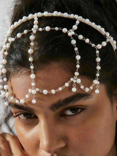 1pc Fashionable Baroque Faux Pearl Headband, Unique Design Tassel Bridal Hair Accessories, Elegant Wedding Hair Decor