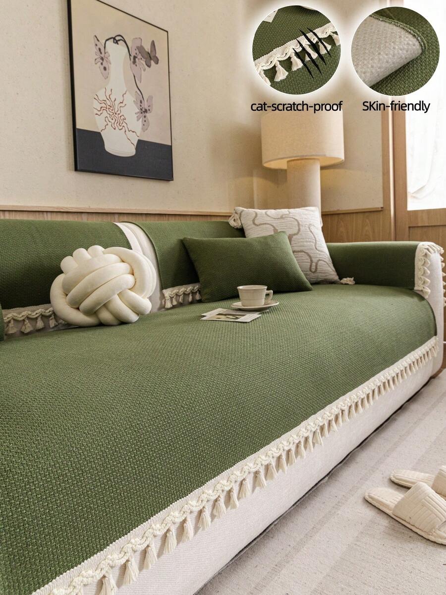 1 chiếc vỏ gối sofa dệt kim bằng cotton, có tua rua, chất liệu mềm mại và thoáng khí, kiểu dáng tối giản màu be, phù hợp cho mọi mùa, dùng làm vỏ bọc nội thất, chăn sofa, chống trượt, chống bụi, chống nhăn, bền, chống trầy xước do mèo, phù hợp với sofa 1-4 chỗ và sofa hình chữ L. - màu xanh lá - Xem 1